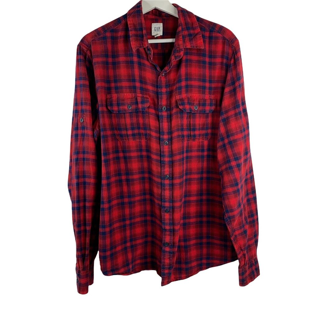 GAP‎ Men’s Size L Shirt Button Front Classic Red Navy Plaid Flannel Long Sleeve